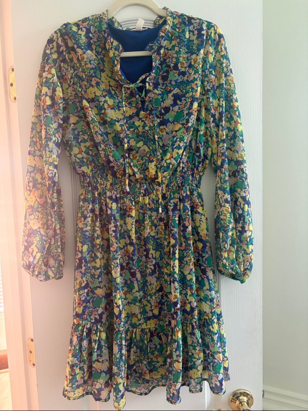Women’s Floral Long-Sleeve Ruffle Hem Dress in Blue-Green